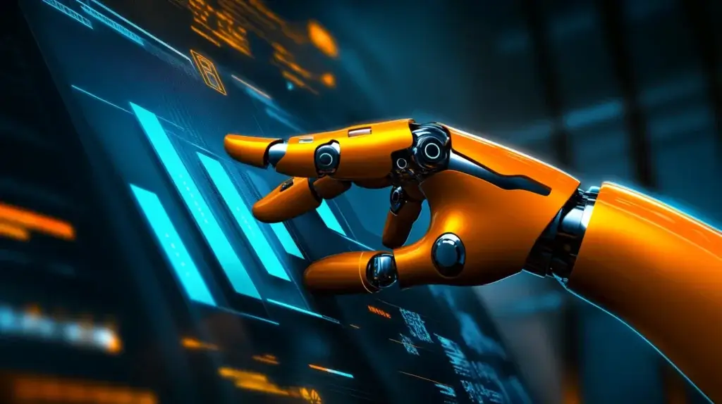AI robot hand directing upward trending SEO performance chart representing AI-powered growth and measurable results