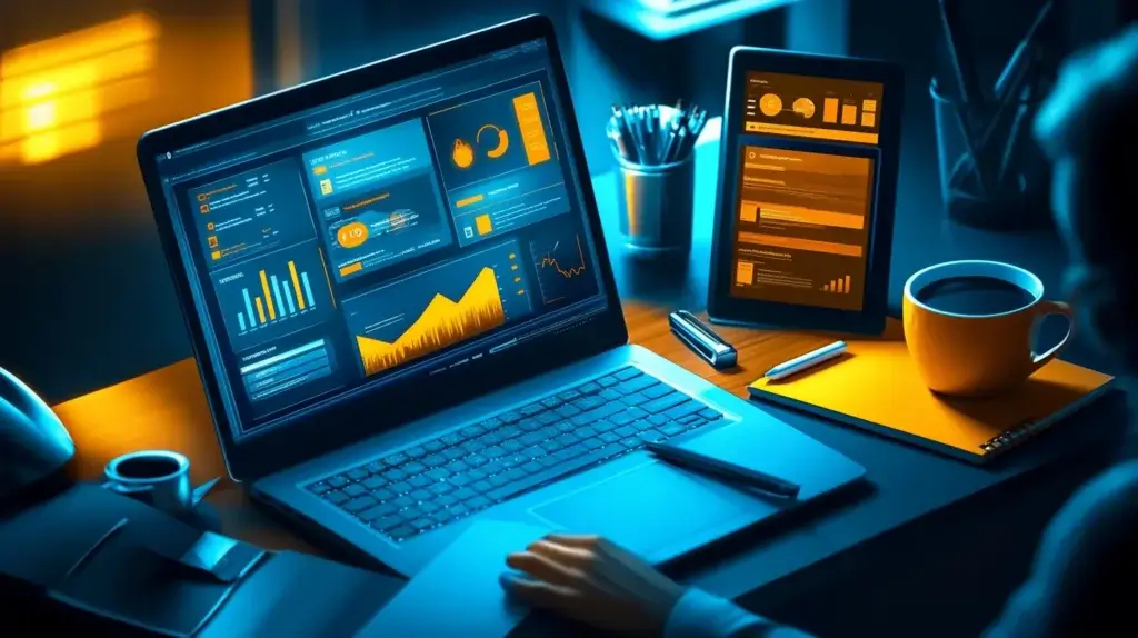 A laptop displaying a customized CRM dashboard with charts and KPI tiles on a modern office desk