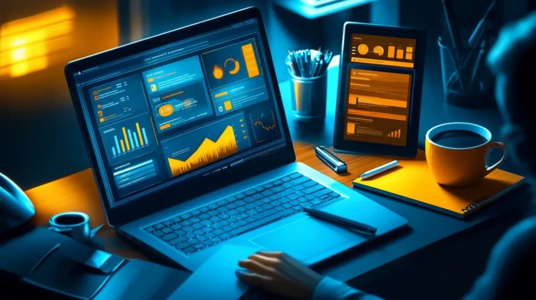 A laptop displaying a customized CRM dashboard with charts and KPI tiles on a modern office desk