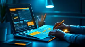 Business professional reviewing a vendor evaluation checklist at a desk with a laptop open in the background