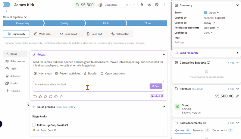 Short video showing an AI recommendation for a stalled sales deal, including the suggested next action and reasoning
