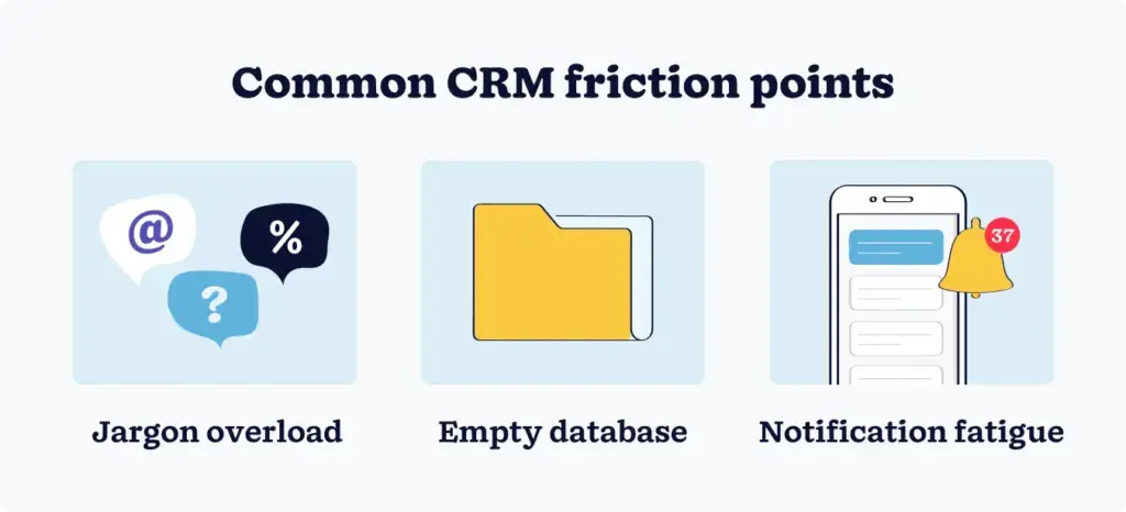 Three icons representing common CRM beginner challenges: jargon overload, empty database, and notification fatigue