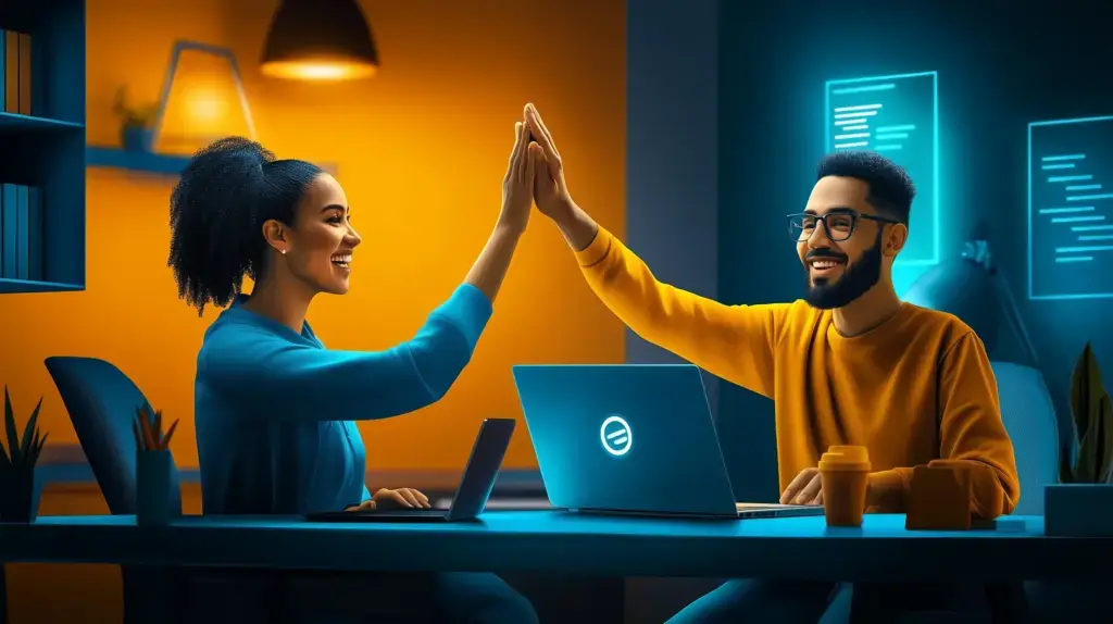Two colleagues high-fiving at an office desk with a laptop open in front of them