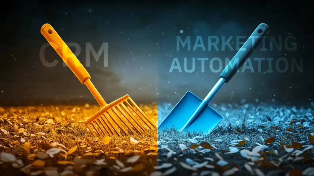 A rake and a shovel shown side by side to represent the difference between CRM and marketing automation