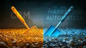 A rake and a shovel shown side by side to represent the difference between CRM and marketing automation