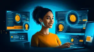 Illustration showing a CRM connecting a customer with sales, marketing, and leadership teams
