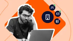 Illustration of business app icons connected to a central hub, with one connection broken