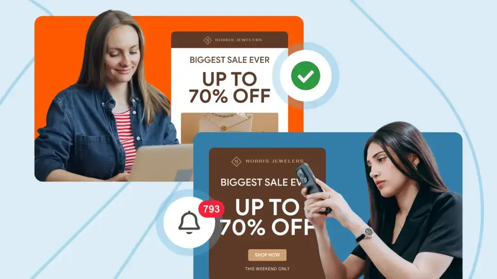 Split-screen-style image showing two customers, one receiving a marketing email directly to their inbox and the other sifting through marketing posts and notifications on social media