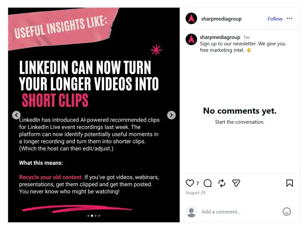 Sharp Media Group Instagram carousel for newsletter signup