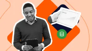 Business professional using a tablet with a floating screen depicting a report showing sales revenue growth