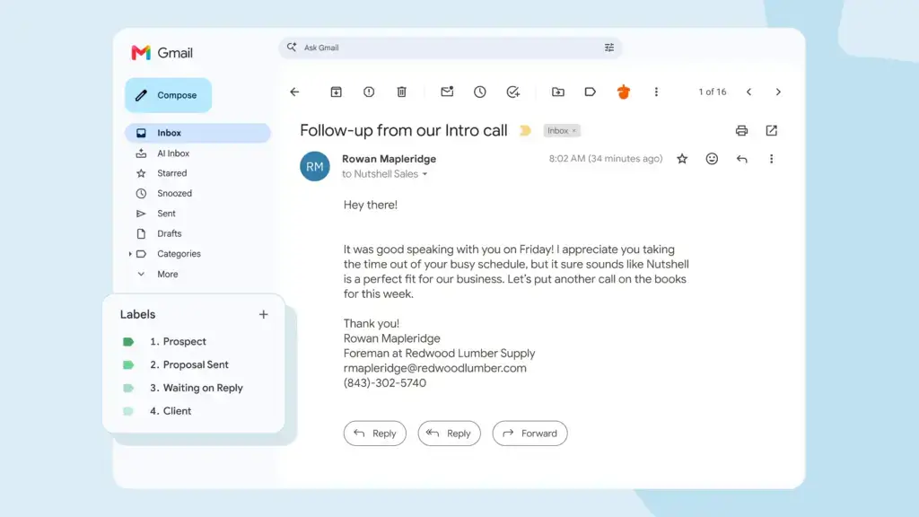 Screenshot of the Gmail interface showing the labels feature