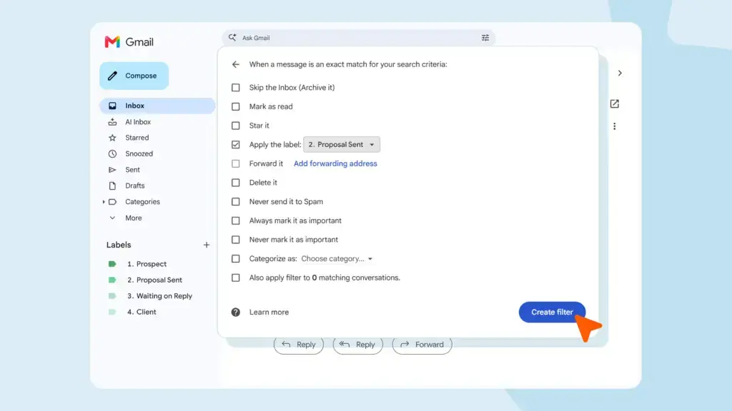 Screenshot of an inbox rule associated with a label