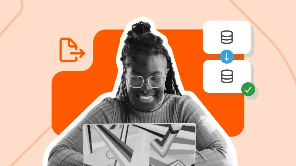Business professional at a laptop reviewing a data table, with icons for export, transfer, and task completion