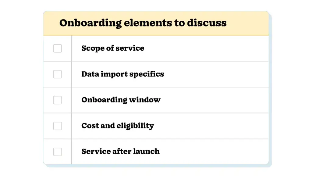 Checklist of five onboarding elements to speak to a CRM vendor about before signing