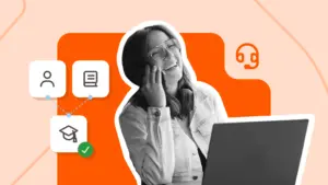 Professional working on a laptop beside icons representing CRM training guides, live support, and completed onboarding