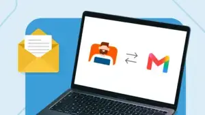 Featured image for the Gmail as a CRM post, showing a salesperson and the Gmail logo on a laptop screen, with an envelope next to it