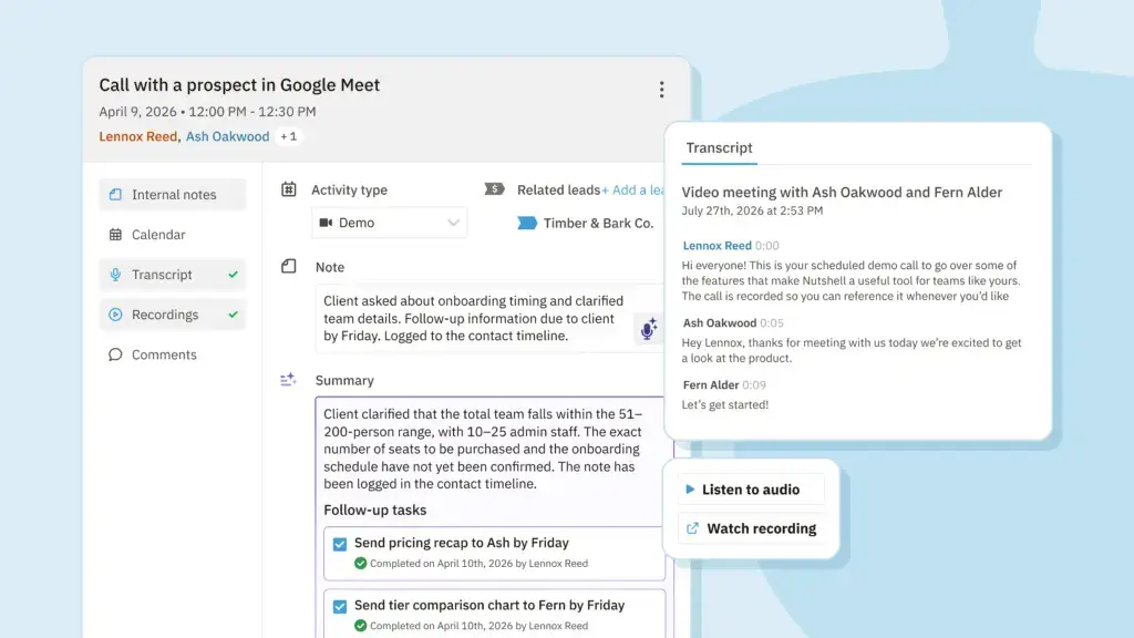 A logged Google Meet activity dialog with the AI transcript summary expanded and the Transcript and Recordings tabs visible.