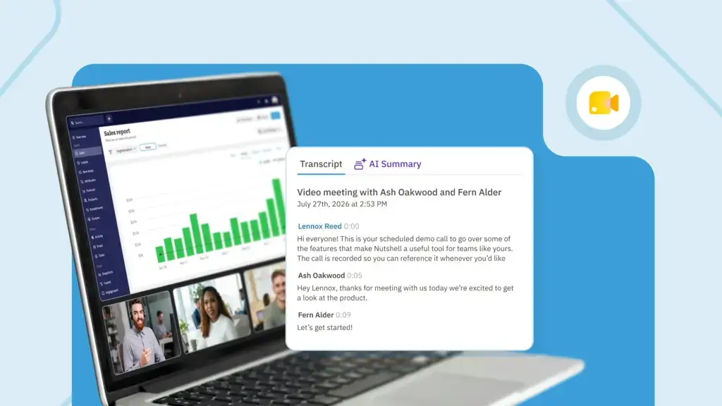 Sales rep on a video call at her laptop, with icons showing the call logged to a contact record with a transcript