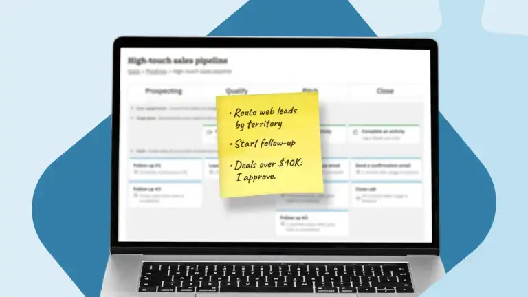 Handwritten list of three sales automation tasks on a sticky note attached to a laptop